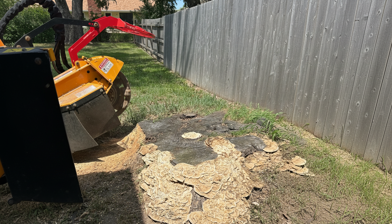 Stump grinding machine working on large stump with wood chips